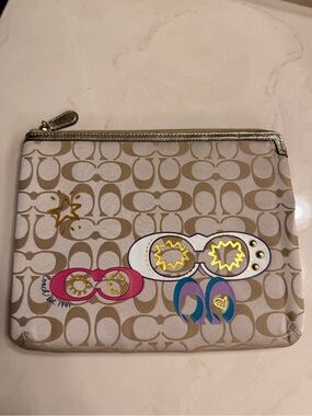Coach Beige Signature Canvas Wristlet with Colorful Graphic Accents